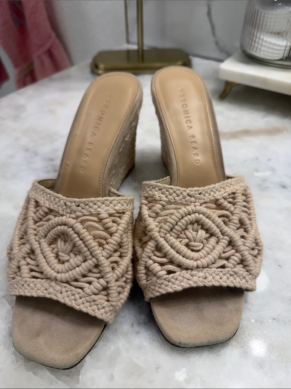 Veronica Beard Woven Macramé Slide Wedge in Beige